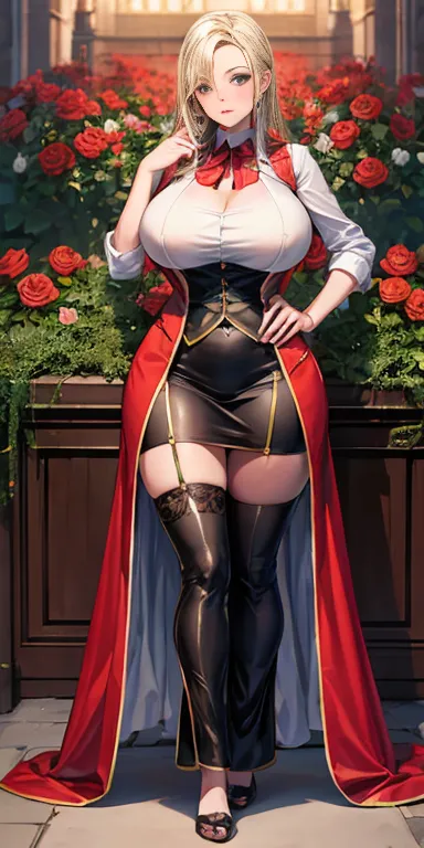 FEMALE, big breasts, voluminous breasts, curvy breasts, mesh stockings, standing with a bouquet (red roses), full height, bottom view, best quality, very detailed, ultra 8k resolution,huge breast, coat , vest, long skirt, portrait, full body, victorias clo...