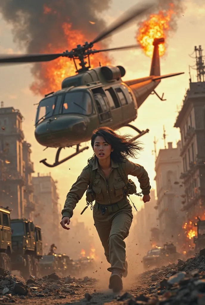  Black asian girl running away from flaming UH-1H helicopter, tail in flames and bankin to the left, in warzone city 