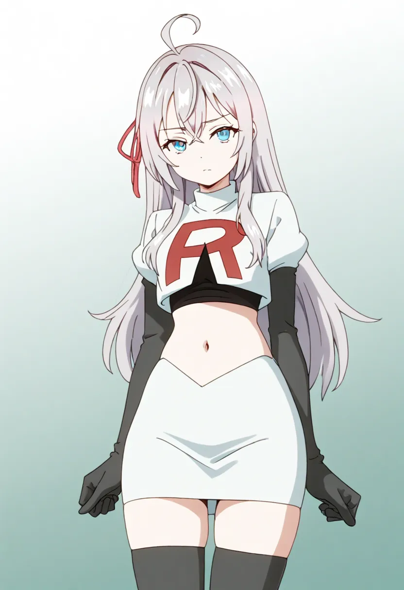 masterpiece, best quality, amazing quality,
1girl, solo, looking at viewer, gradient background, 
long hair, silver hair, ahoge, crossed bangs, red hair ribbon, sidelocks, blue eyes,
team rocket,team rocket uniform,white skirt,red letter R,crop top,black t...