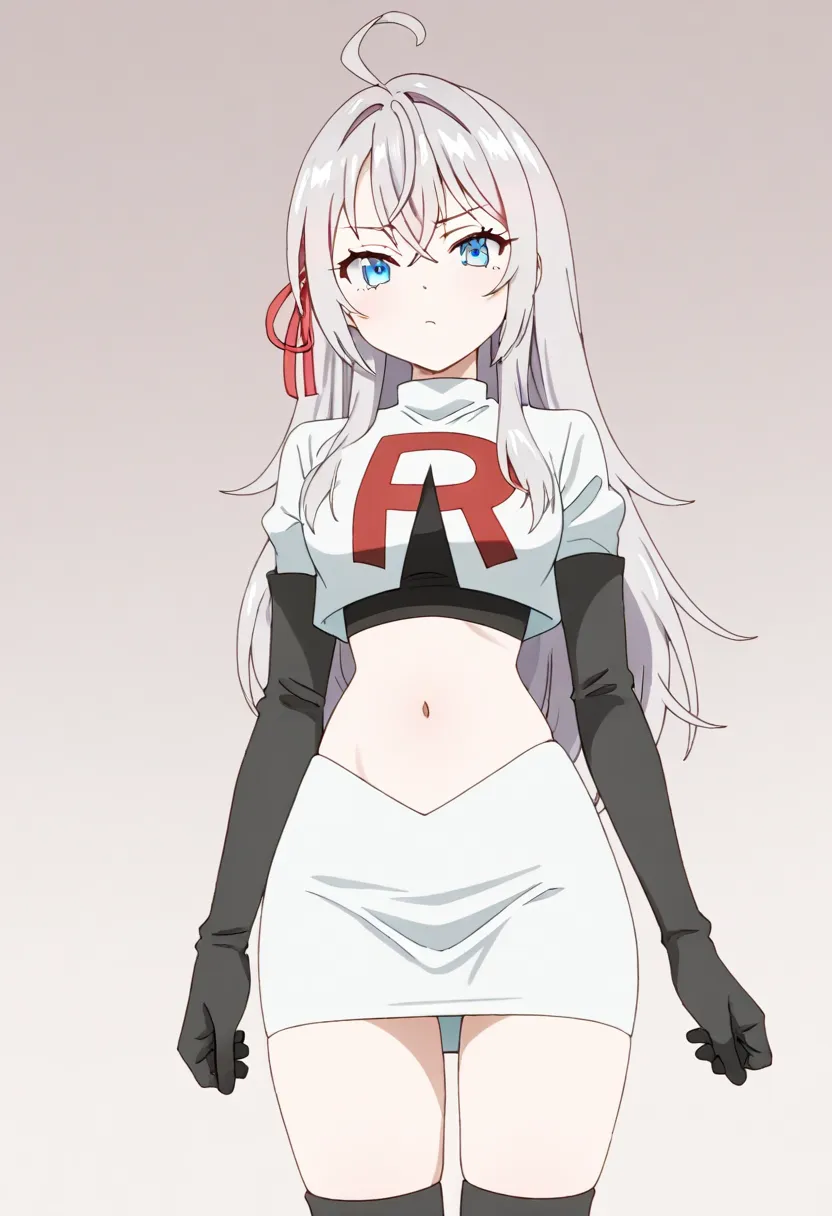 masterpiece, best quality, amazing quality,
1girl, solo, looking at viewer, gradient background, 
long hair, silver hair, ahoge, crossed bangs, red hair ribbon, sidelocks, blue eyes,
team rocket,team rocket uniform,white skirt,red letter R,crop top,black t...