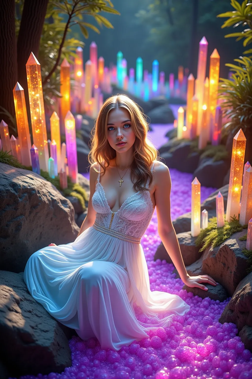 1girl, gorgeous European face, sparkling/glowing blue eyes, long eyelashes, long white dress, very large breasts, looking at viewer, small crucifix necklace. Hundreds of different colored quartz crystals 6 to 9 feet tall, Many hundreds of extremely large((...