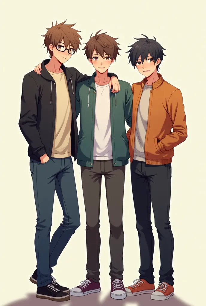 Create an anime-style image of three handsome best friends standing side by side, almost hugging both of them. The first tall friend with glasses is standing in the middle. The second friend, just below the first one, with not much long hair, is standing o...