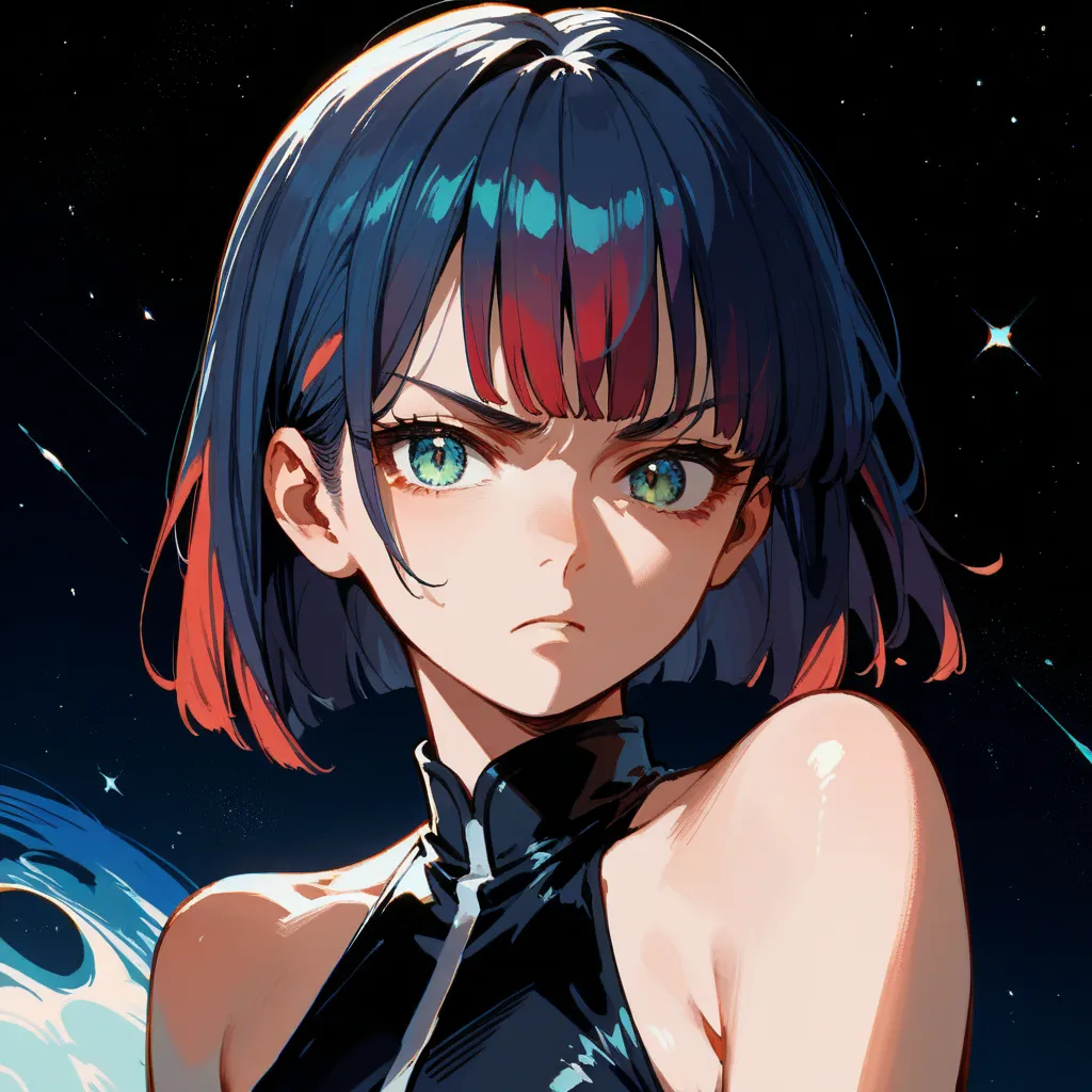 score_9, score_8_up, score_7_up, score_6_up, score_5_up, rating_ are suspicious,  source_anime, 1 girl, portrait,  iridescent hair,  fringe , bare shoulders, upper body, Outer space hair color、