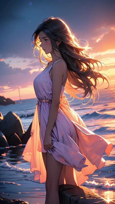 A breathtakingly beautiful Scandinavian woman,
((woman stands at the very edge of a breakwater)),
(on a late summer evening).

The sky above is the deep blue of the universe, the golden sun is setting halfway across the sky, and it is painted in shades of ...