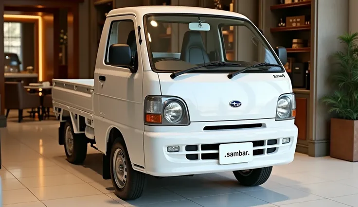 Sides view White color full HD picture 1995 Subaru Sambar in luxury Showroom in Showroom The Front plate reads ".  Sambar ." Hilight 