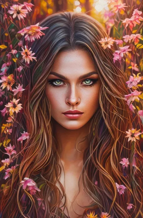 woman half werewolf, half hippie, detailed portrait,  serious expression,  relaxed posture, long wavy hair,  tribal tattoos , Natural landscape, warm sunset, leafy trees, wild flowers,  leaves in the wind , warm and soft lighting, oil painting, earthy colo...