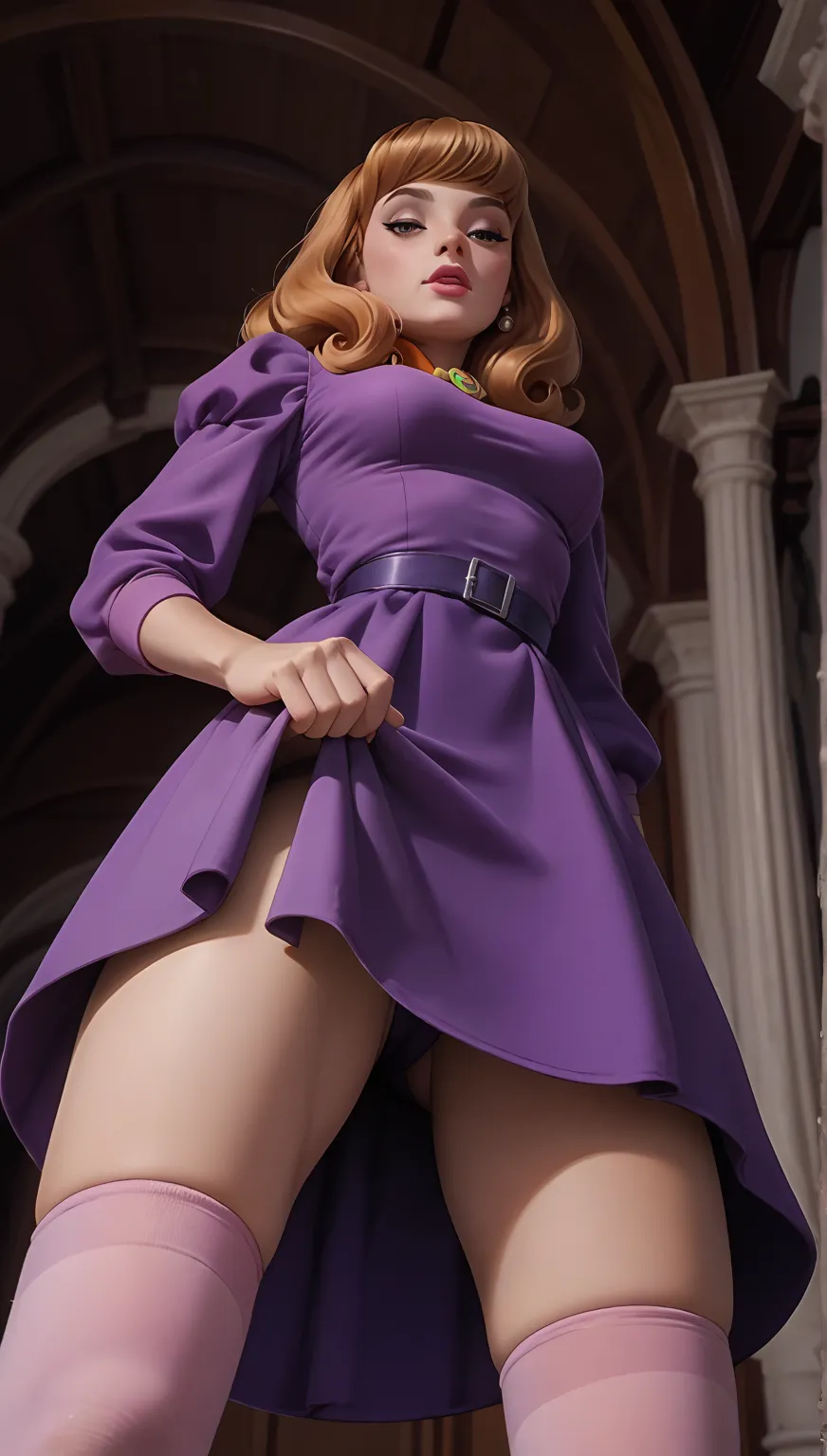 Daphne from the cartoon   "  Scooby-Doo   ", cabello naranja, purple dress, pink calfskin stockings, hincada, seductive look skirt,  Inside a haunted mansion, from below, . 