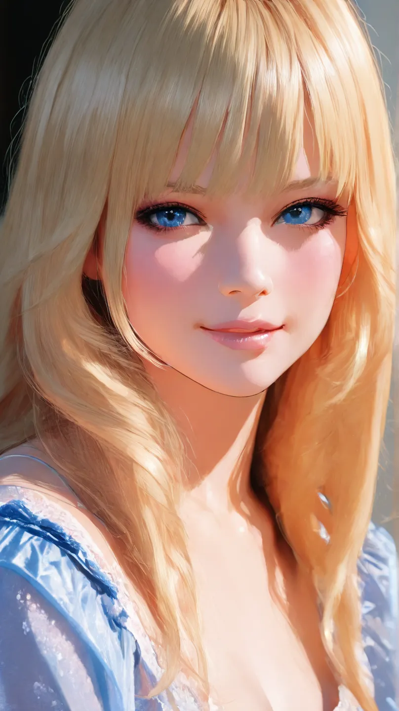  A blonde woman with long hair and a blue dress is posing for a photo, realistic anime art style, Photorealistic Anime Girl Rendering,  Smooth Anime CG Art, Anime Realism Style,  realistic art style , realistic young female anime character, beautiful digit...