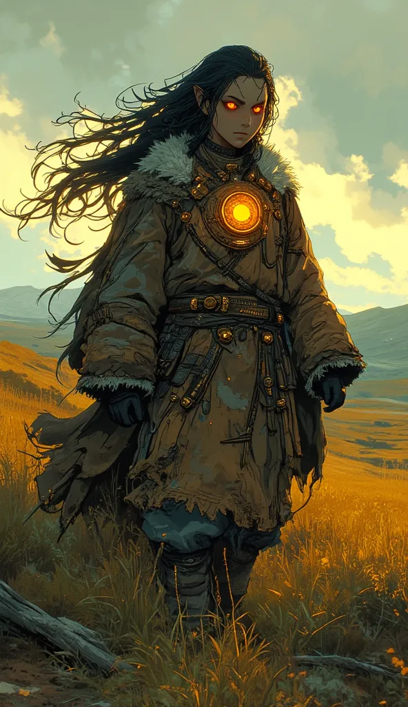 A druid, cloaked in detailed Pictish warrior attire, wanders through a windswept moor under a brooding yet whimsical sky. Their rugged outfit, adorned with fur, leather, and delicate hand-stitched motifs, features an ancient carved amulet glowing faintly w...