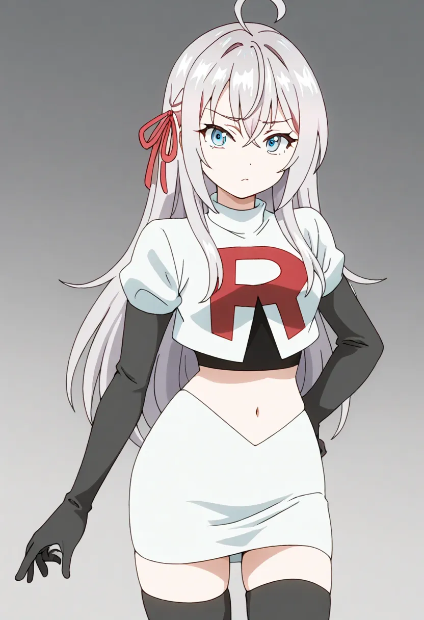 masterpiece, best quality, amazing quality,
1girl, solo, looking at viewer, gradient background, 
long hair, silver hair, ahoge, crossed bangs, red hair ribbon, sidelocks, blue eyes,
team rocket,team rocket uniform,white skirt,red letter R,crop top,black t...