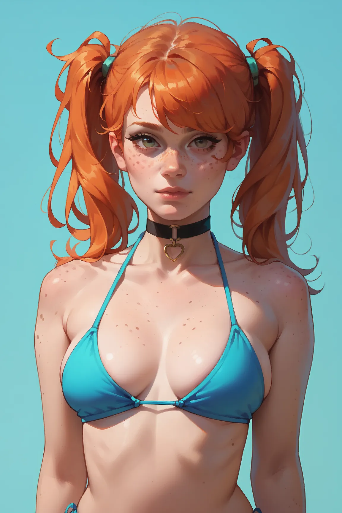 score_9,score_8_up,score_7_up,1girl, orange hair in twintails,  choker, freckles, bikini, portrait