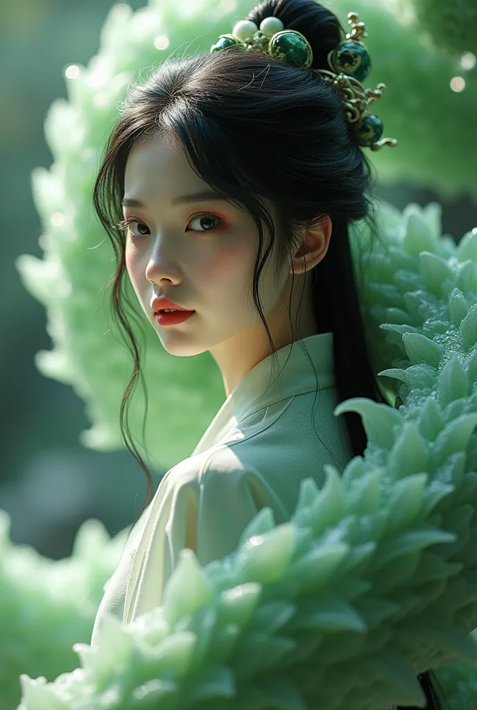 An ethereal Jade beauty of a Chinese goddess gazing longingly at the viewer over her shoulder, wearing a Chinese outfit and standing primly, her black hair down in bangs, zhongfenghua Style. A perfect Chinese dragon made of jade crystals coils around the g...