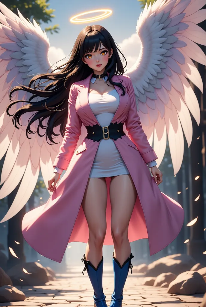 Stunning and seductive beautiful woman, yellow eyes, black hair , perfect angel wings,  a halo over your head, wears a Pink Overcoat with black details, Blue and black boots.
pose background,Goddess of the Air
 
Anime-style images Shounen. 
 35mm photograp...