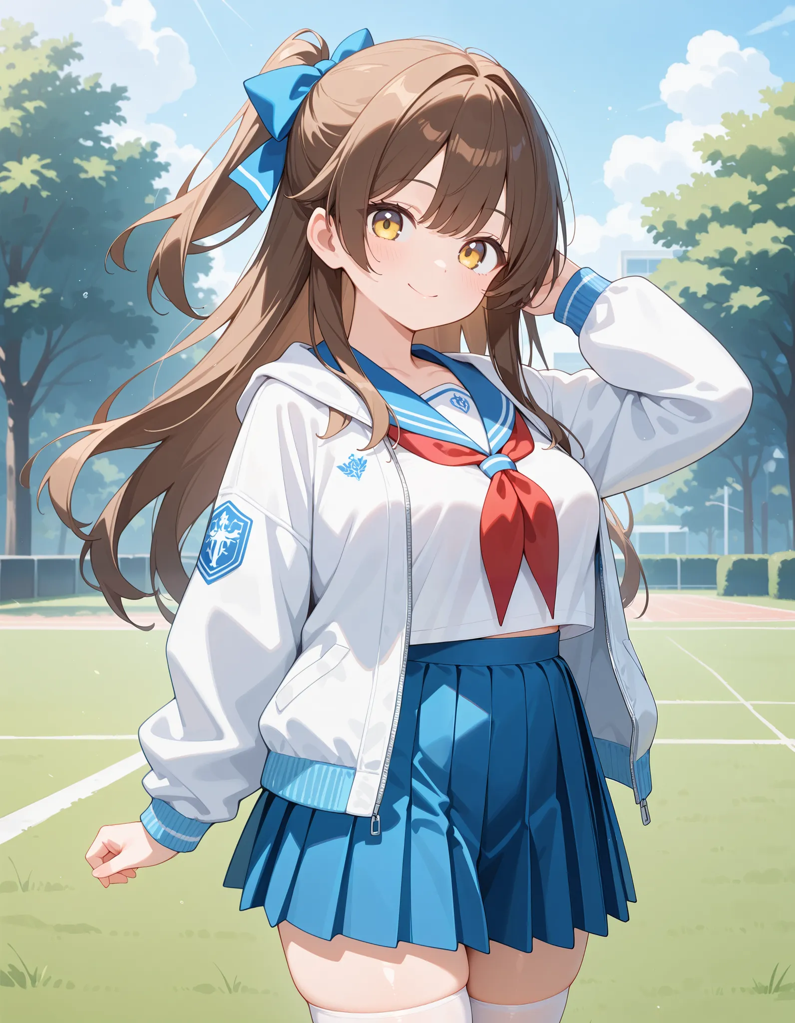 masterpiece, best quality, highres, 1girl, long hair, one side up, solo, ponytail, hair bow, medium breasts, tall body ,brown hair, yellow eyes, white sailor uniform, blue sailor collar, red neckerchief, blue pleated skirt, wearing baseball jacket, casual ...