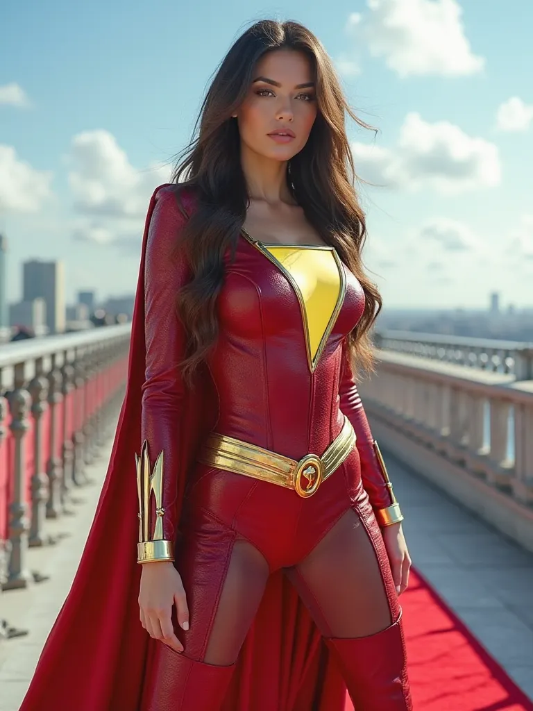 Shazam in tight leather superhero costume, super sexy, long hair, high-heeled overknee boots with high stiletto heels, six pack abs, Stands slightly sideways to the camera, big breasts xxl, Stands with legs apart on a high-rise building on the balustrade, ...