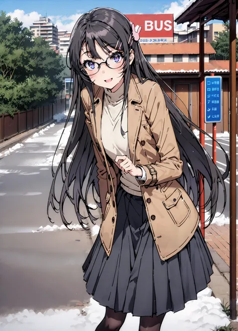 household, Mai Sakurajima , long hair, bungs,   black hair,Alone, hair accessories, purple eyes, hair clip for hair, rabbit hair accessories,smile,blush,open your mouth,Glasses, duffle coat,(sweater  :1.2),( turtleneck on acher:1.2),long skirt,long skirt,B...