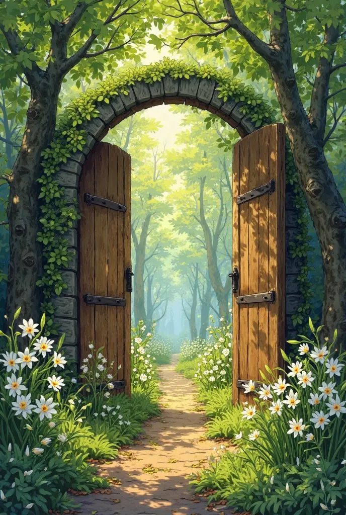 An image showing a large gate that divides in two open, heading to an enchanted fairy-core, style forest where warm colors stand out including green, with lilies of the valley in the background. In sketch drawing style. No stone cumins