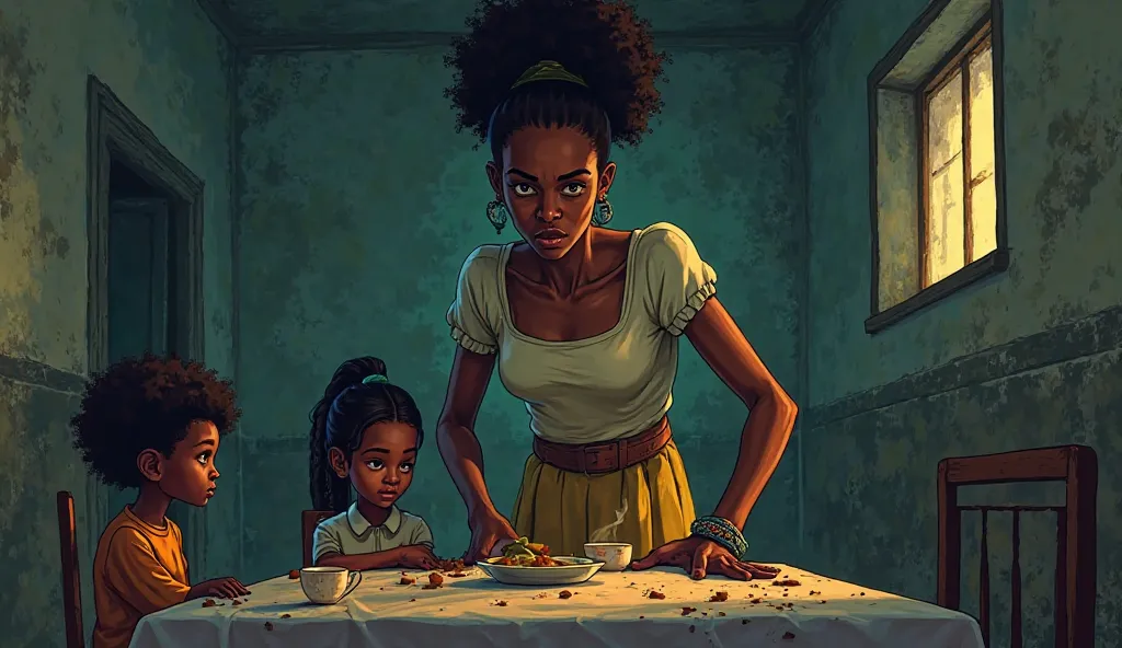 The wicked African housemaid forced the  and girl to eat only bread and drink weak tea . Animated 