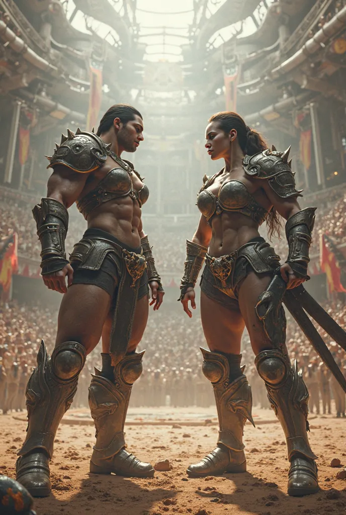 two giant female fighters facing each other in an arena, full body image