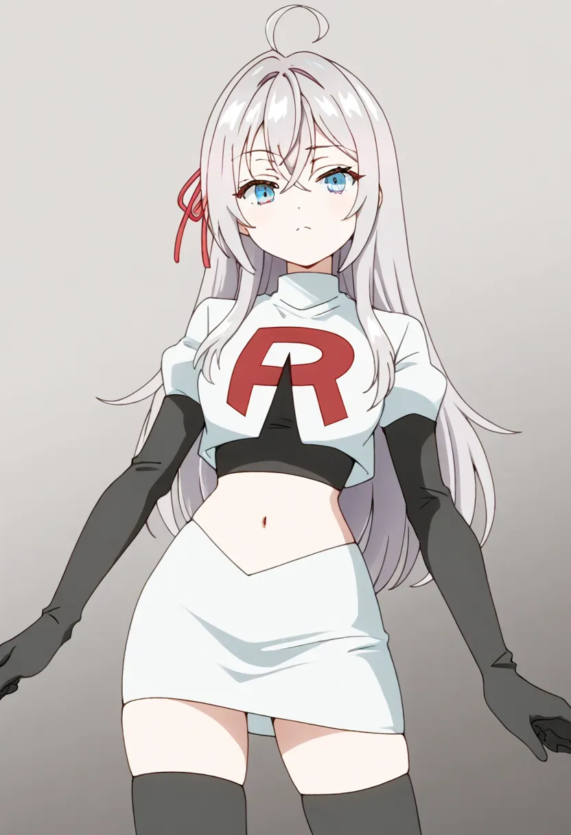 masterpiece, best quality, amazing quality,
1girl, solo, looking at viewer, gradient background, 
long hair, silver hair, ahoge, crossed bangs, red hair ribbon, sidelocks, blue eyes,
team rocket,team rocket uniform,white skirt,red letter R,crop top,black t...