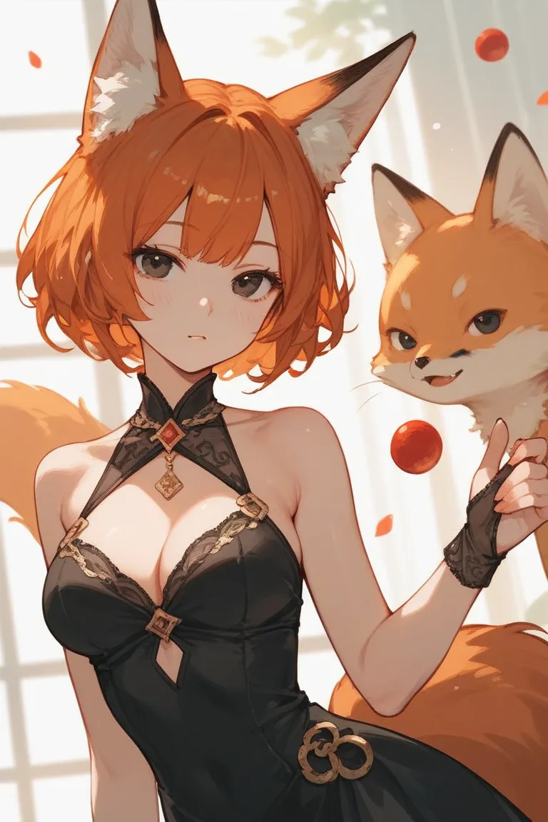  A hot anime fox girl. With orange hair with black eye s eyes and wearing a fancy dress....