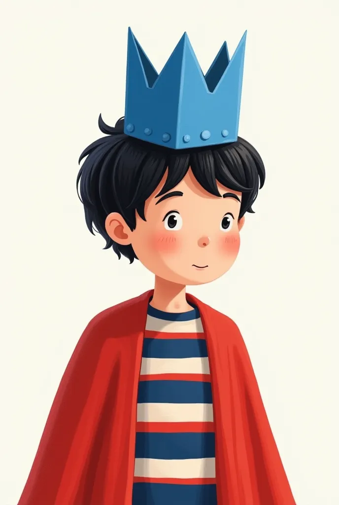 Let's create a picture of a book illustration, drawing style of the 1990s. Let's draw the dark-haired boy, on the hair with a crown cap made of blue paper. T-shirt outfit with stripes, alternating red and navy blue stripes. His neck is wearing a red robe.