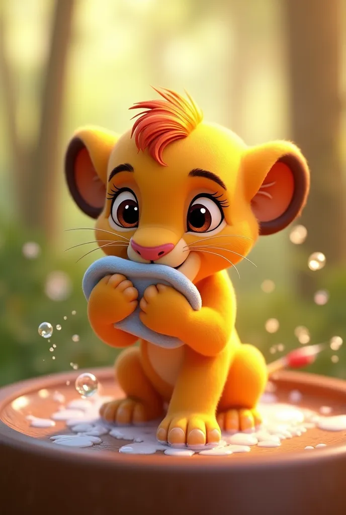 Image 3D style Pixar Simba se lave le visage avec une débarbouillette 