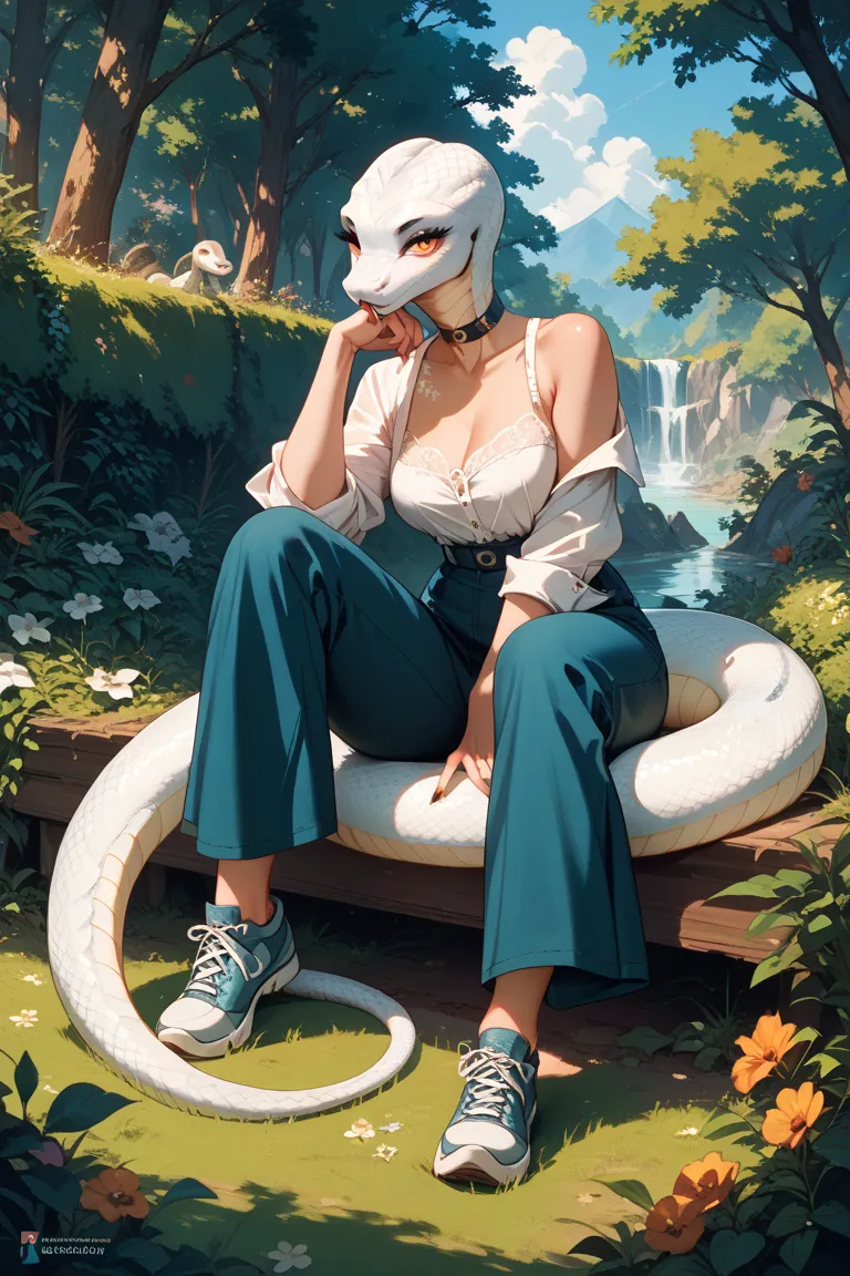 White Snake Head 　full body　snake scales 　woman　sitting with crotch spread　 in the woods