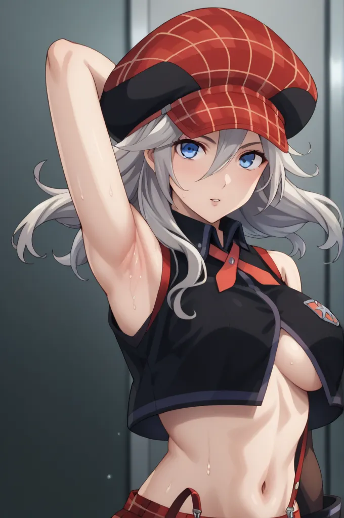 score_9, score_8_up, score_7_up, score_6_up, score_5_up, source_anime, rating_safe, medium breasts, indoors, 1girl, solo, looking at viewer, (upper body:1.2), alisa ilinichina amiella, long hair, grey hair, blue eyes, cabbie hat, suspenders, suspenders sli...