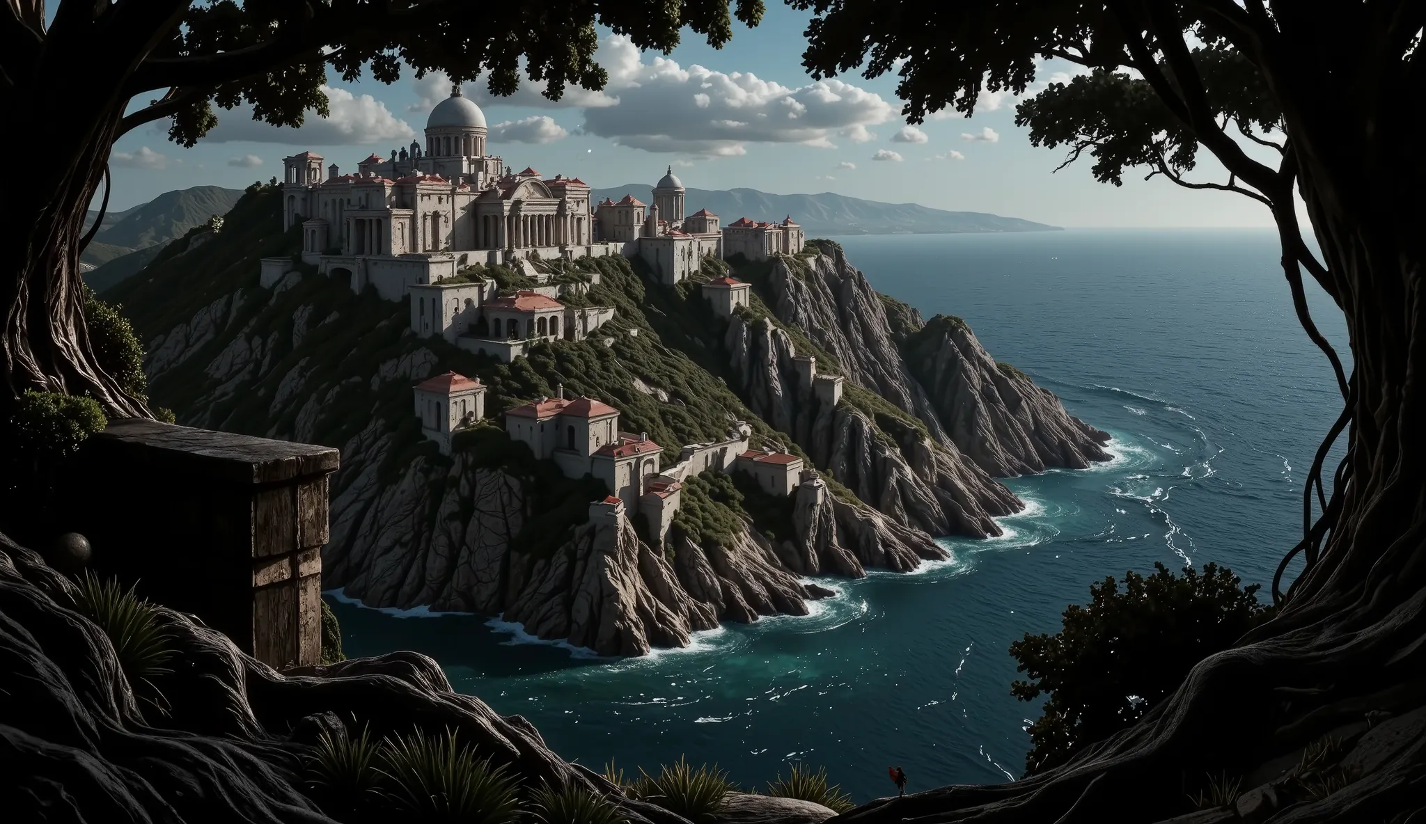 A walled Greek city by the sea, seen from the perspective of the sea, looking up at the wall on the hillside.