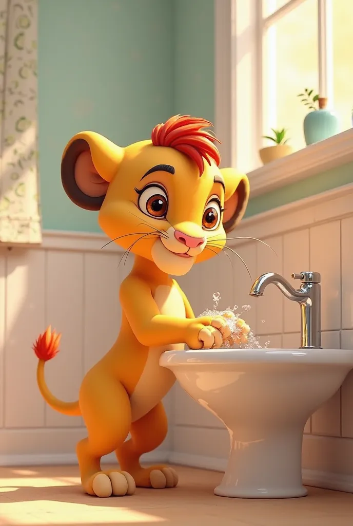 Image 3D style Pixar Simba se lave les mains