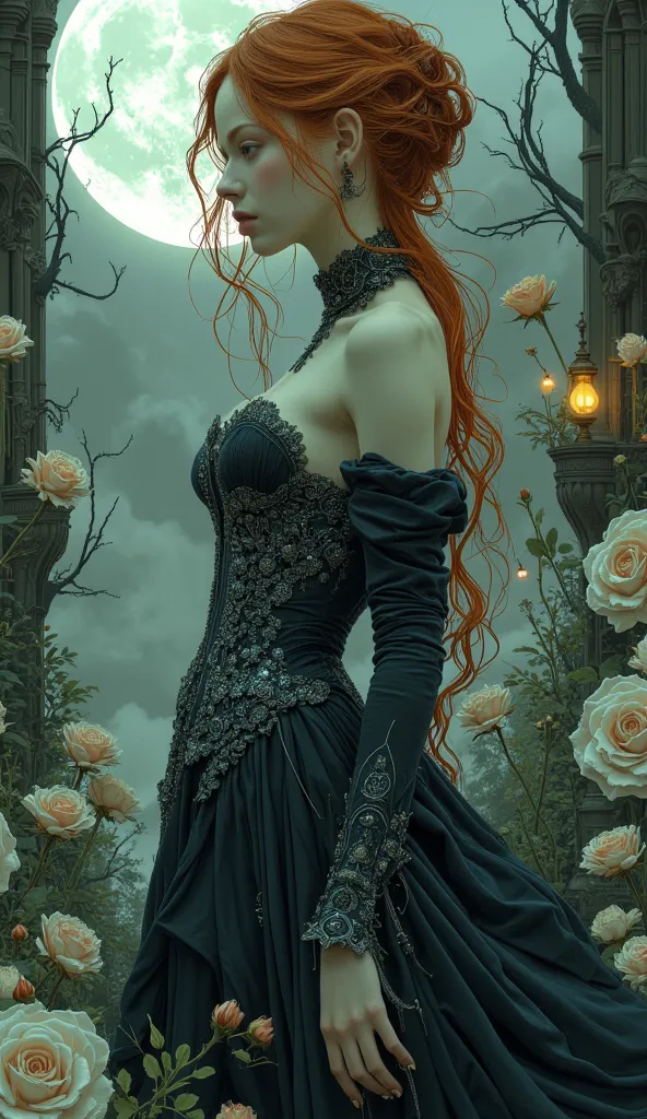 A stunningly beautiful woman with very long, flowing red hair and porcelain skin stands in a hauntingly ethereal setting. Her elaborate Rococo gown features layers of dark, billowing fabric adorned with lace and silver embroidery, exuding both elegance and...