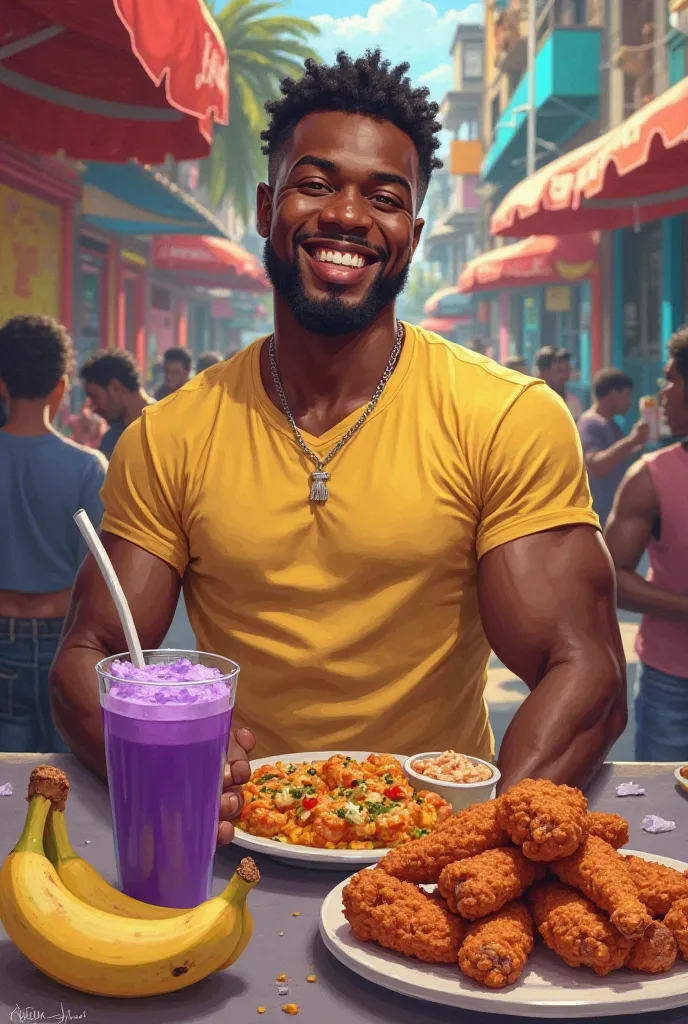 Black dude eating bananas with fried chicken purple juice