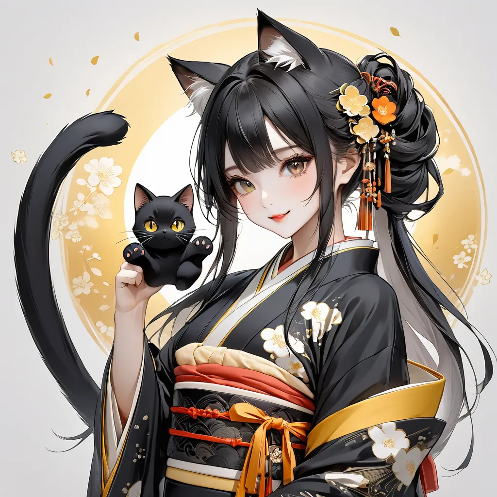 1 girl，solo,,Black cat ears,  金colorの目 , Cat&#39;s Eyes,  Black cat&#39;s tail , , Ninja 、 white skin, smile, stand, pose like a model ,Cat Paw Pose, Front ,  Full body shot from head to toe , easy lighting 、Kimono，黒髪に差しcolor黄color、豪華なKimono，color々 hairsty...