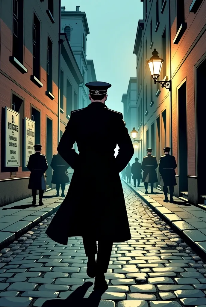 A high-ranking German officer from World War II is seen walking away down a dimly lit cobblestone street in an occupied French city. He wears a long black trench coat that flows slightly as he moves, and his peaked officer’s cap sits firmly on his head. Hi...