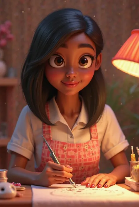 Pixar-like image of a woman manicurist with dark skin straight hair short around her shoulders, broad nose,  ROUND FACE EYEBROWS 