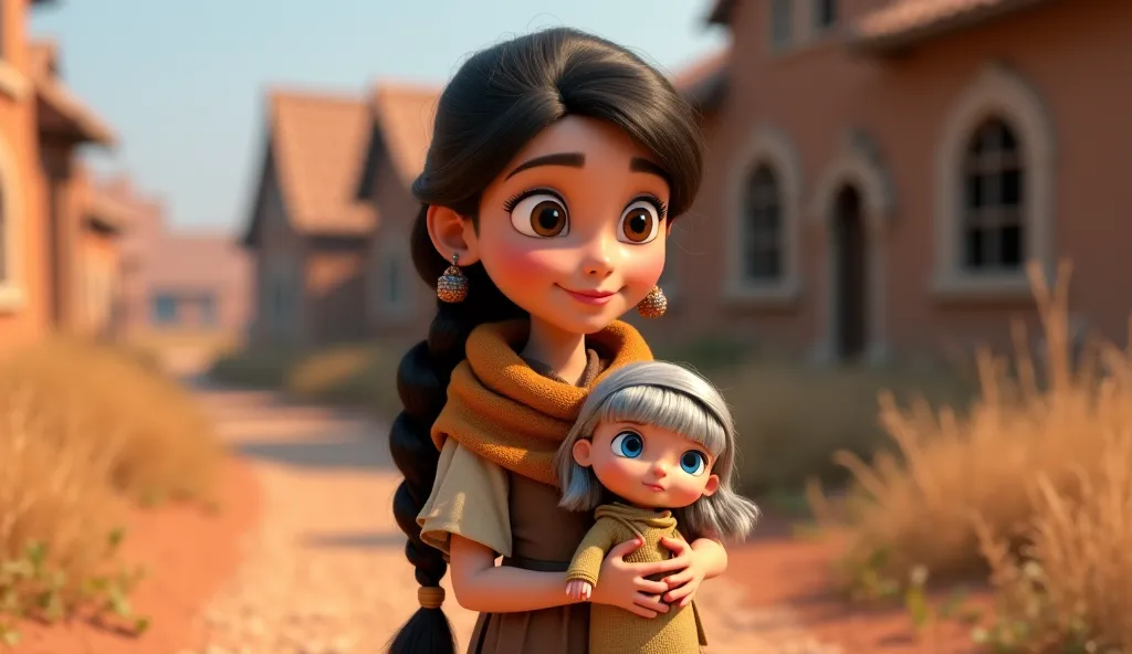 A 3d animated Disney Pixar styled scene where Zoya( a  village girl. She has big, expressive brown eyes. Her long, wavy dark brown hair is usually tied in a simple braid. She wears a modest traditional dress in beige and Brown colour. Her facial expression...