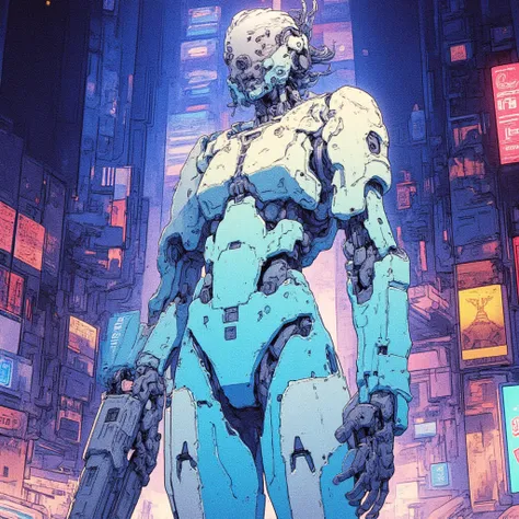 futuristic Mech, it´s colours are sky blue with white, futuristic, slim, has a techno gun on his right hand, has tiny deployable droens on his waist, full body art, digital art, futuristic city background