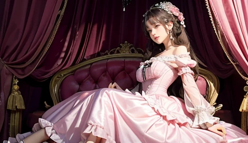 highest quality, masterpiece, highest resolution, artwork, super それにget used to it, many get used to it, get used to it, それにget used to it, romantic,woman, (()),the girl is a princess,((dark pink satin fabric)),pink victorian dress, ((Gorgeous princess roc...