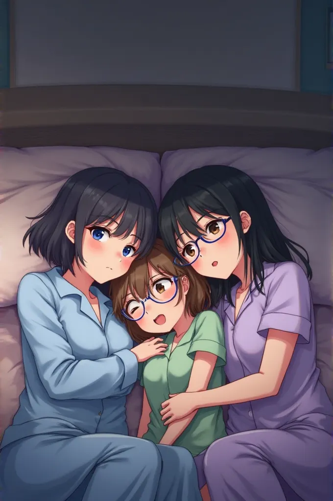  Three women, youths, 18 years old, girls in pajamas, sleeping clothes, first white girl with blue eye lenses short dark hair and blue pajamas, second white girl with light brown eyes brown hair curled over her shoulders circular lenses and green pajamas, ...