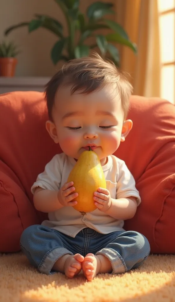 Generate a image of a  baby boy wearing white shirt and blue jeans and eating cashew fruit ( cashew fruit is prominent)on red sofa in room