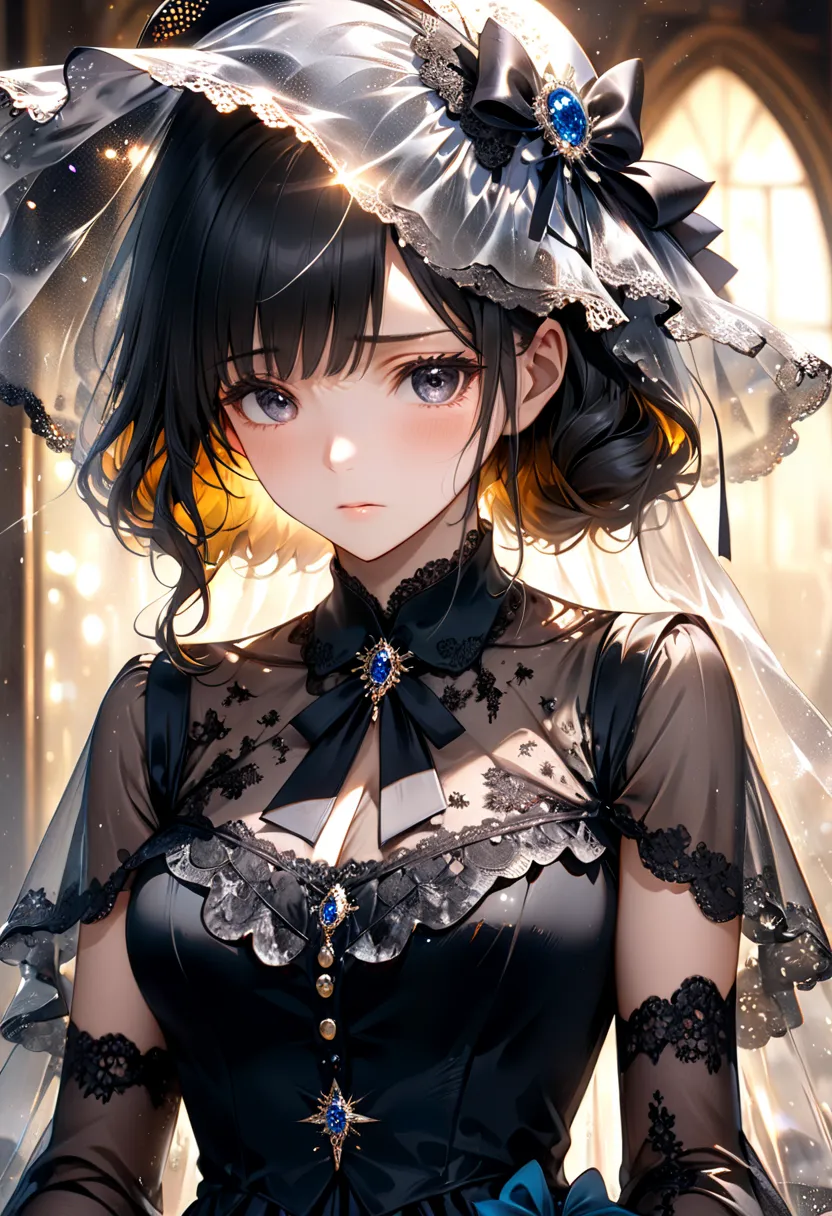 Super Detail, Absolute Determination, masterpiece, Elaborate, sharp concentration, Brilliant Color, soft lighting, Cinematic Composition, beautiful woman in formal attire with sad expression, black lace dress, morning veil with gloves and large brimmed hat...