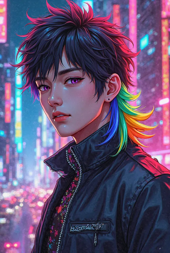 Create a cool anime male wearing seven colors of rainbow and mullet hair