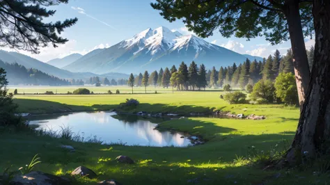 Beautiful scenery, under a big umbrella, under a big tree, a lot of pine forests, a quiet atmosphere, green grass in the distance, there is a little big mountain with a little snow cover, in the distance there is a lake.