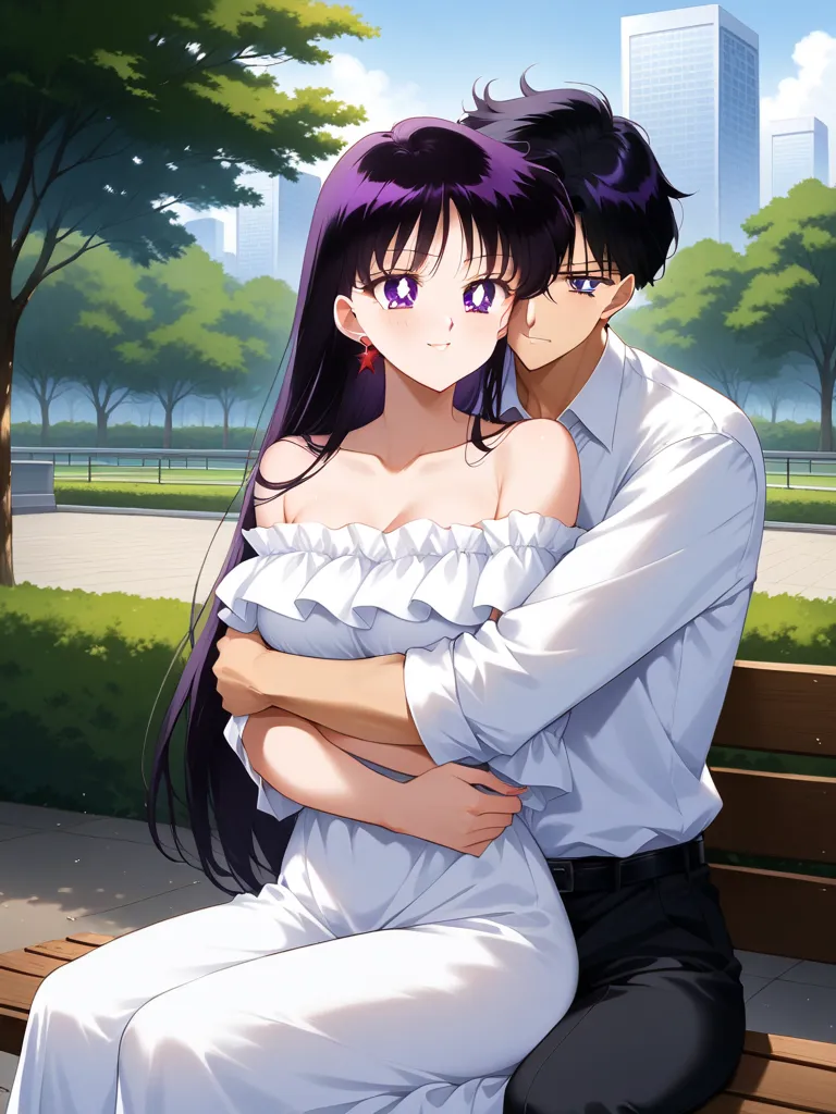 (masterpiece, best quality, very aesthetic , ultra detailed), intriguing details, 1boy and 1girl, chiba_mamoru, dark blue eyes, black hair, short hair, a white collar shirt with long latin sleeves, black belt, tokyo city park, green trees, sit on the bench...