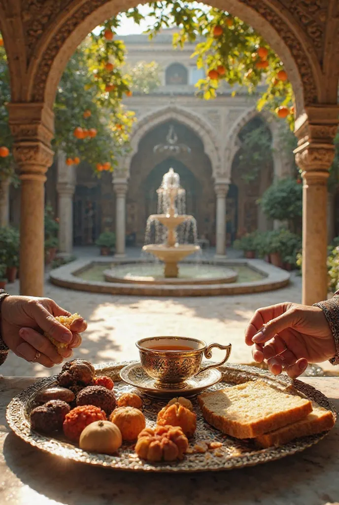 An immersive first-person scene depicting an Ottoman nobleman enjoying breakfast on a luxurious 18th century patio. The character's hand holds a piece of bread, while an ornate metal tray contains traditional candies, chestnuts and dried fruits. next to, a...