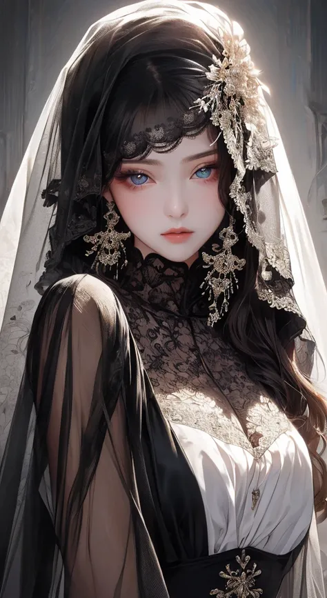 ((masterpiece, top quality, very well detailed, High Resolution)), alone, beautiful girl, shining eyes,  Perfect Eyes, ,  black white gold theme,gothic、lace face veil
