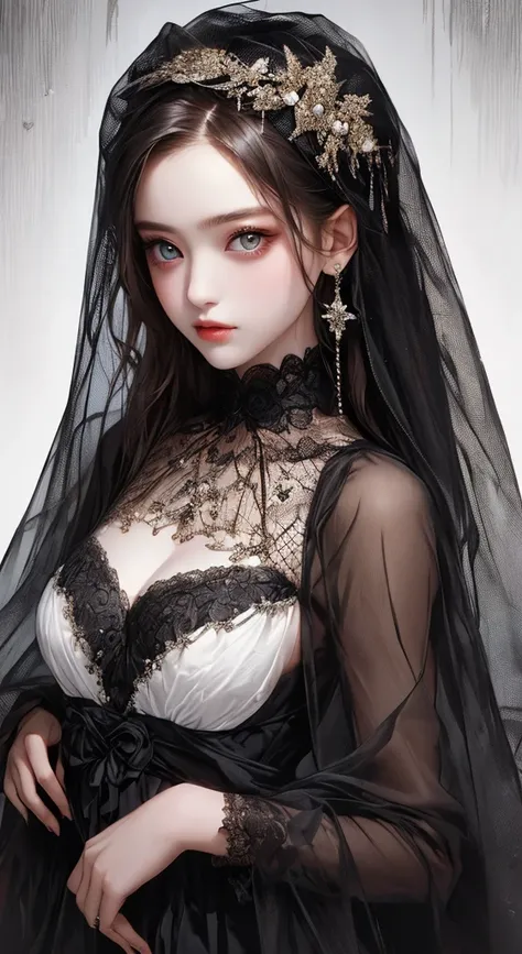 ((masterpiece, top quality, very well detailed, High Resolution)), alone, beautiful girl, shining eyes,  Perfect Eyes, ,  black white gold theme,gothic、lace face veil
