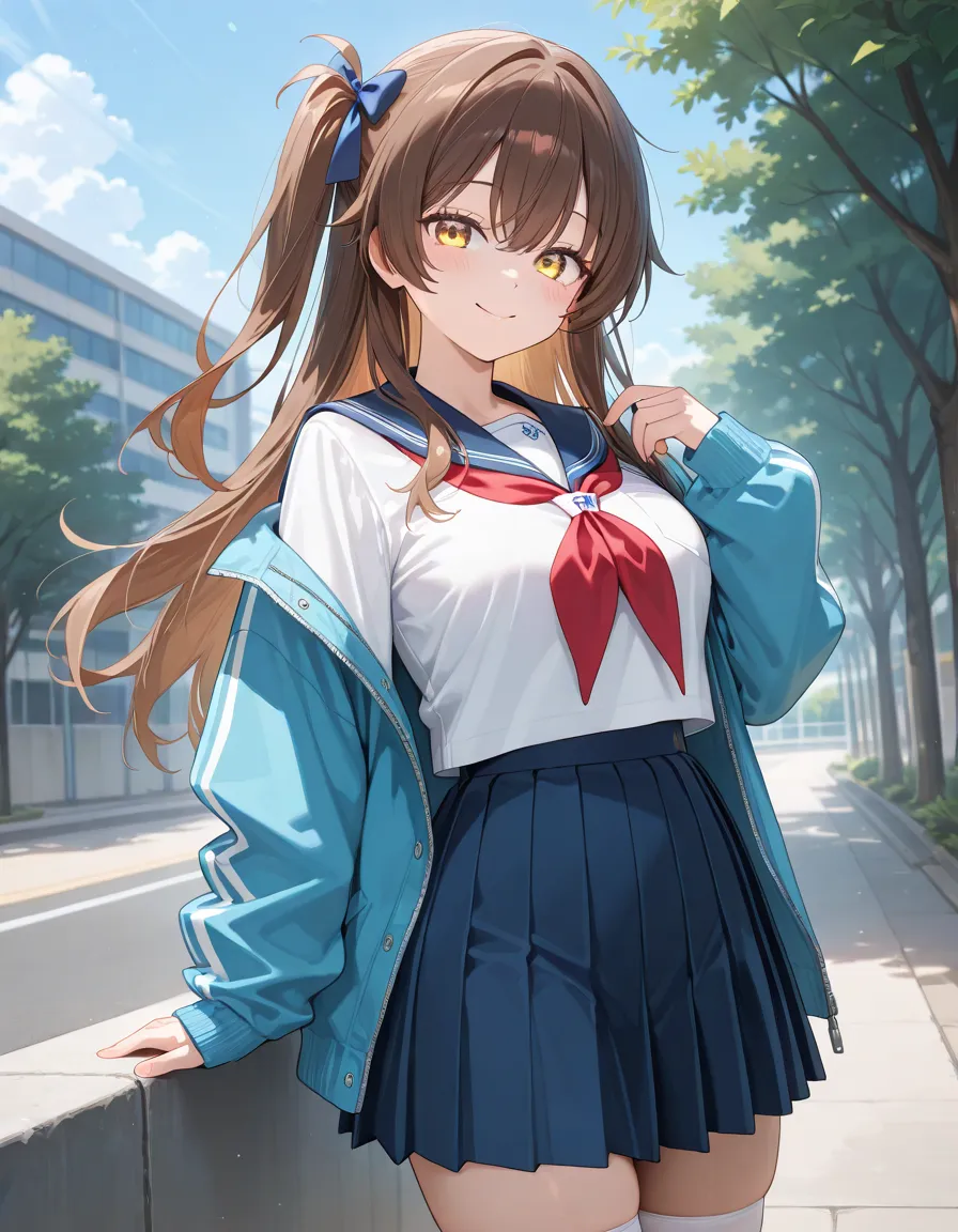 masterpiece, best quality, highres, 1girl, long hair, one side up, solo, ponytail, hair bow, medium breasts, tall body ,brown hair, yellow eyes, white sailor uniform, blue sailor collar, red neckerchief, blue pleated skirt, wearing baseball jacket, casual ...