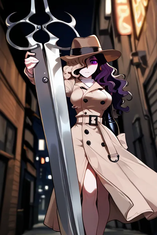 high resolution, masterpiece,   a woman,   full body,    slim figure   ,  big breasts, Alone,  long hair,  wavy hair , embroidered hair,  purple eyes ,  white shirt ( long leather sleeves),  short black, light brown trench coat (   open   ), brown hat ((co...